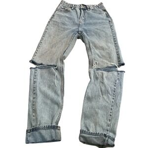 White Fox Boutique High Waisted Distressed Straight Leg Jeans Light Wash Small